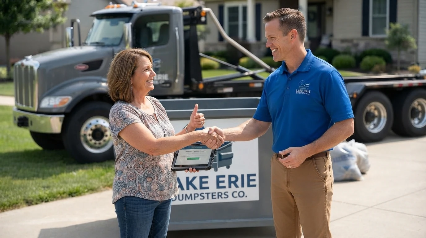 Lake Erie Dumpsters Co driver delivering a roll-off dumpster to a homeowner in Erie