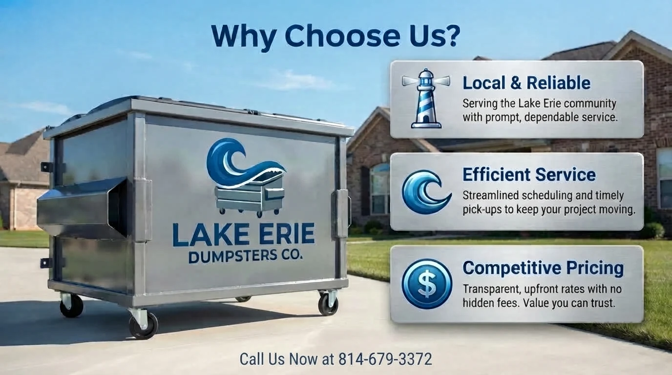 Why choose Lake Erie Dumpsters Co: local and reliable, efficient service, competitive pricing